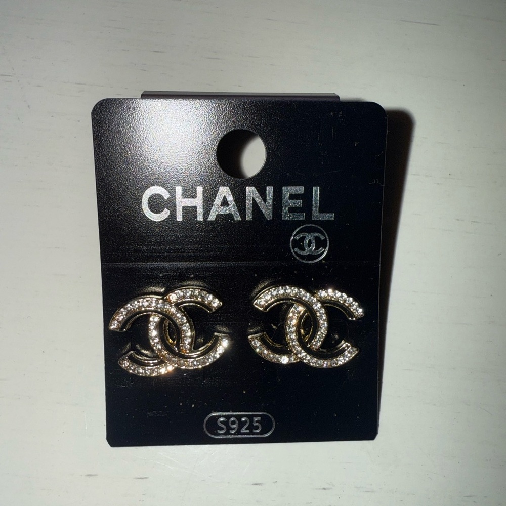 C C Gold Earrings with Crystal Accents